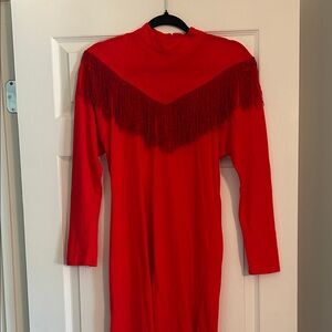 Vintage Red Fringe Long Sleeve Dress